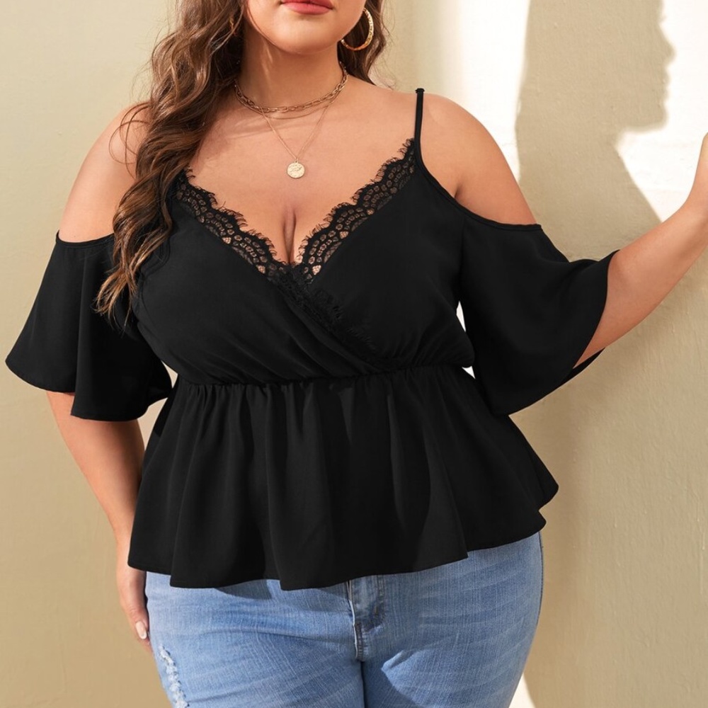 Boho Plus lace Cold Shoulder Butterfly Sleeve Top - Picture 1 of 6